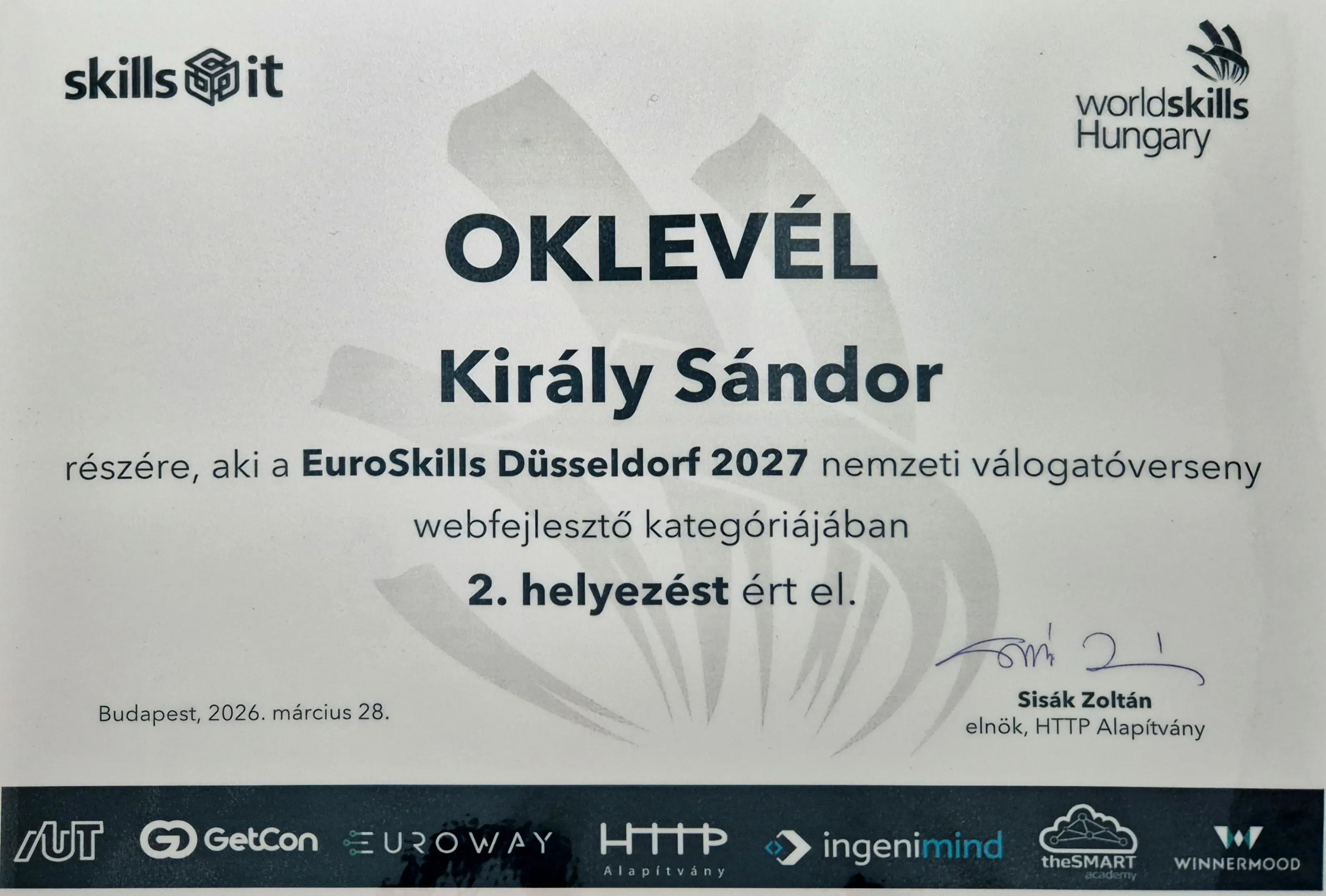 EuroSkills Hungarian Qualifier 2nd place certificate