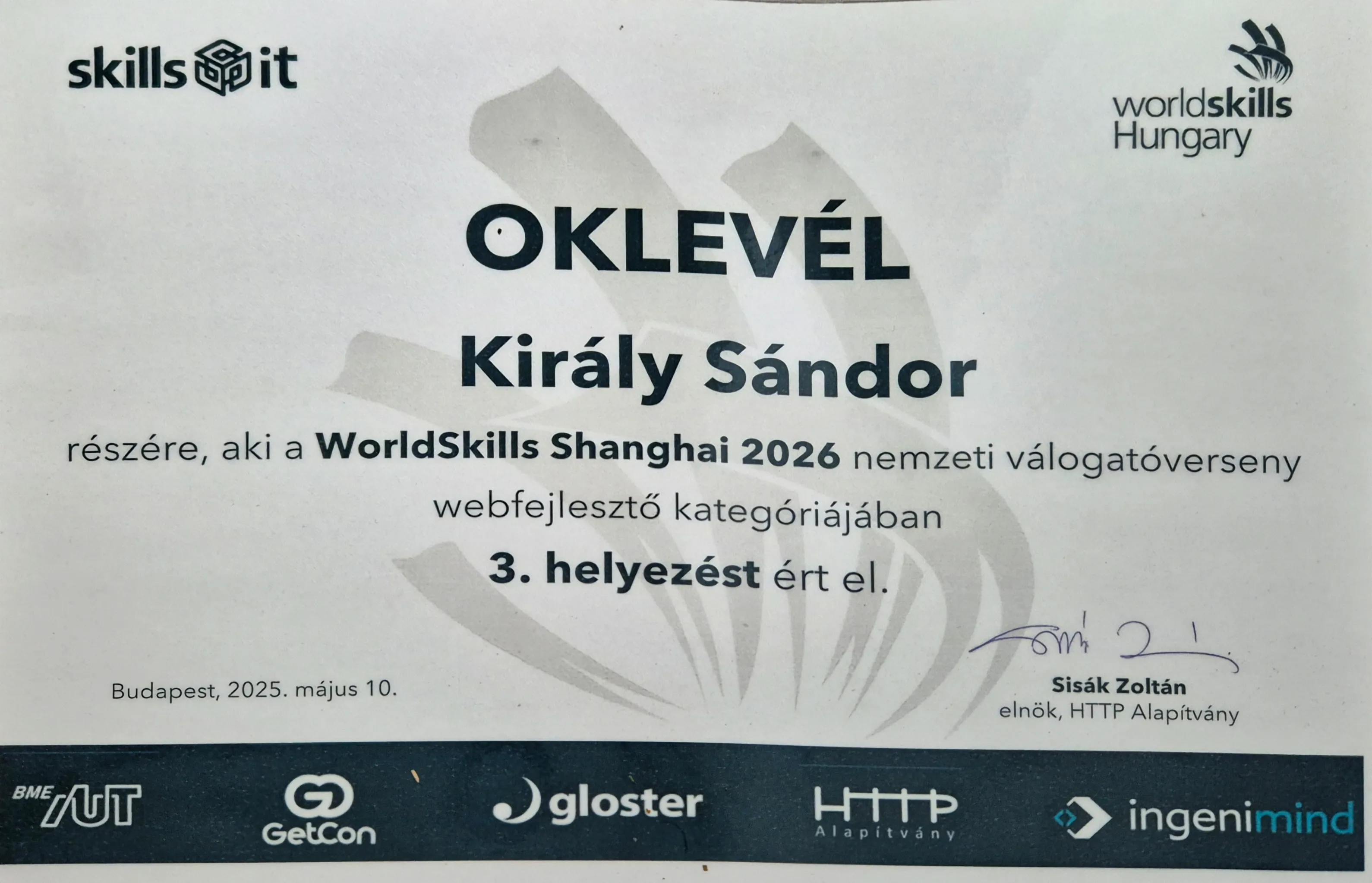 WorldSkills Hungarian Qualifier 3rd place certificate